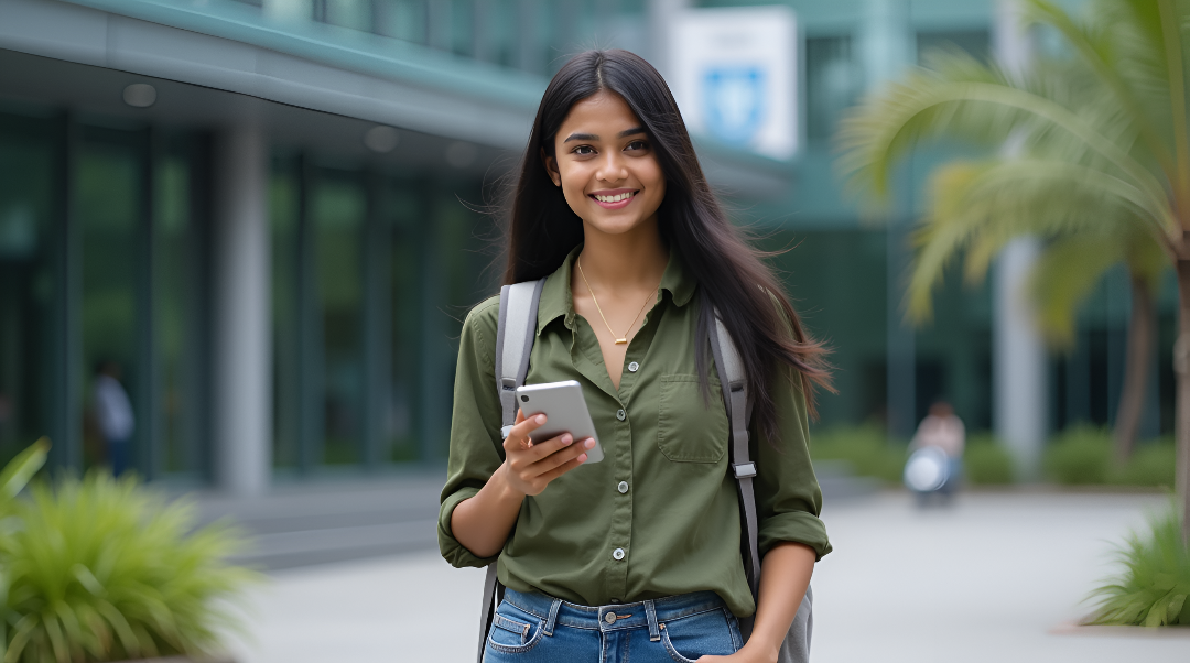 A young fashion student working on a blouse with her mobile beside her showing an online class.